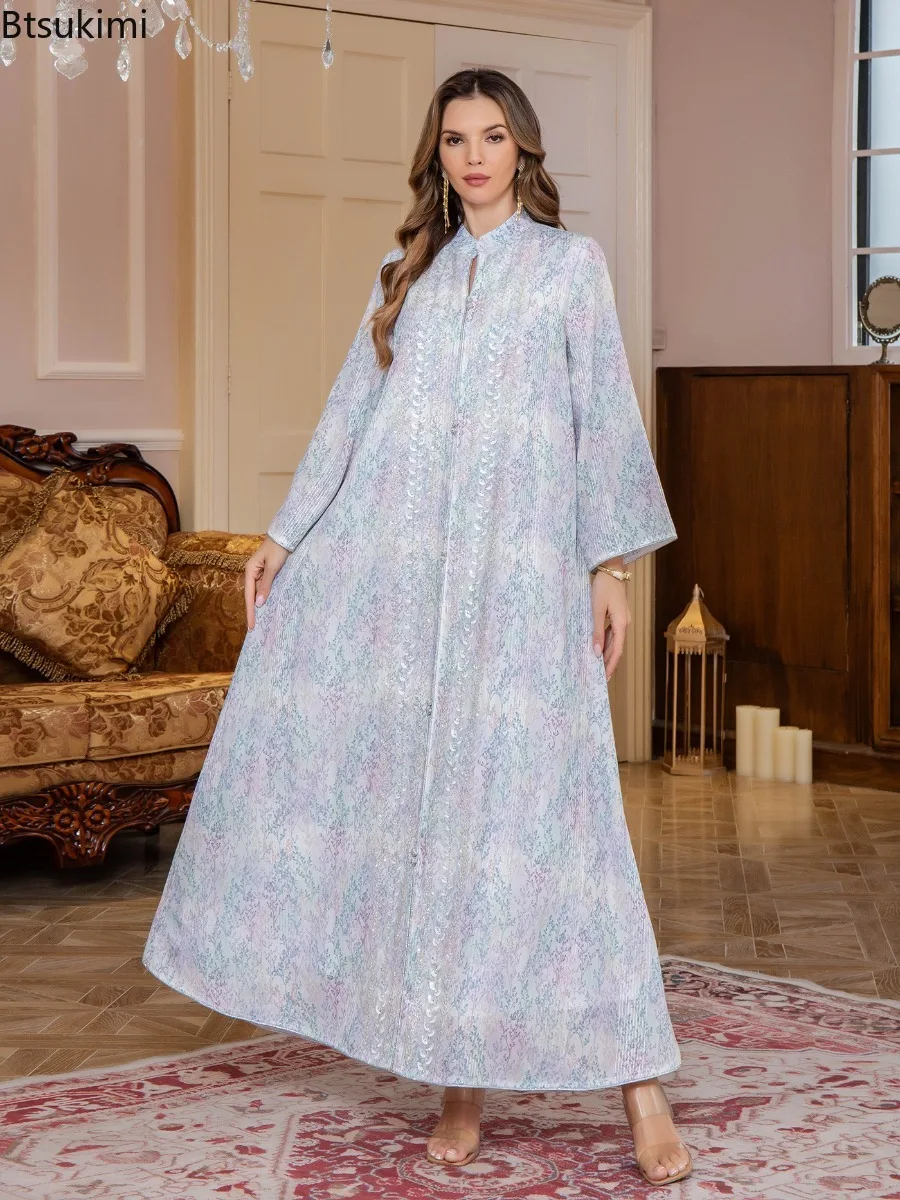 

Длинные платья для вечеринок в стиле Рамадан, женские мусульманские абайи, элегантные платья с пайетками, джалабия, марокканский кафтан, дубайский арабский принт, платья для женщин.