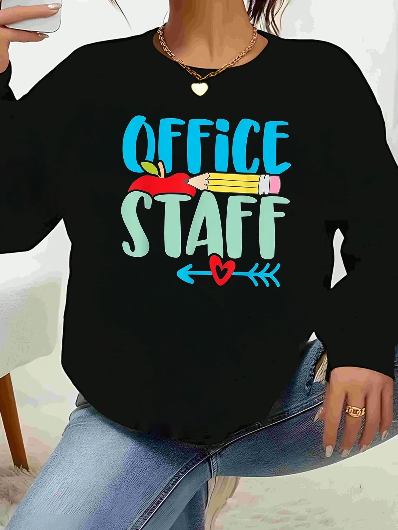 Staff Office T-shirt a maniche lunghe con stampa Apple Pencil per donne e impiegati