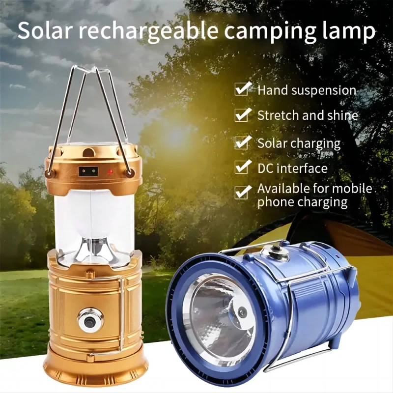 Lanterna solare LED portatile da campeggio luce USB ricaricabile torcia da lavoro impermeabile illuminazione esterna lampada pieghevole per tenda di emergenza