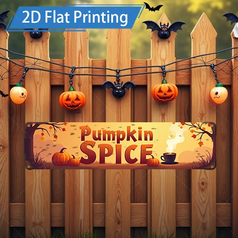 1 Stück Metallschild, 10,2 x 40,6 cm, Kürbisgewürz-Herbstszene, Metallschild – Halloween-Dekoration für Haus und Garten