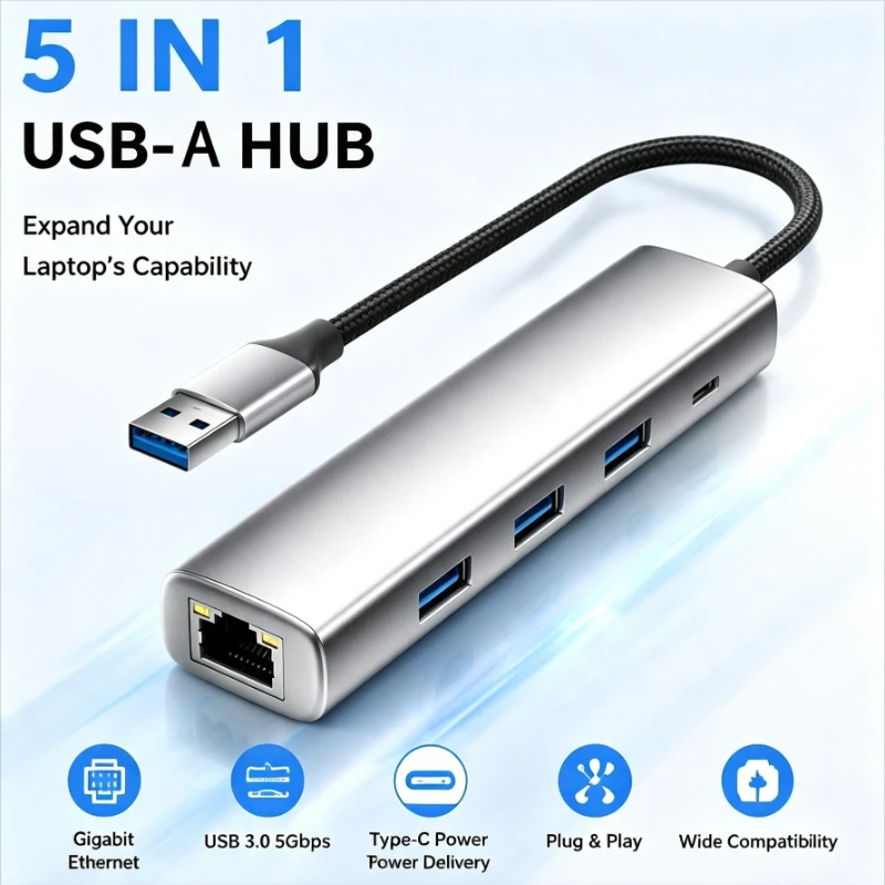 5 in 1 USB C Hub Gigabit Ethernet 3 USB 3.0 Type C PD Aluminum Braided Plug Play for MacBook Dell HP Laptop Desktop