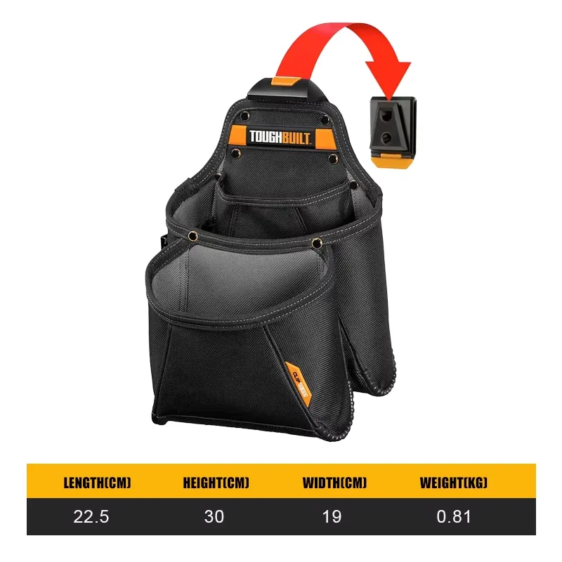 TOUGHBUILT TB-CT-03 Mega Supply Pouch with ClipTech Hub, 7 Pockets & Loops, Rugged 6-Ply Construction Tool Belt Pouch