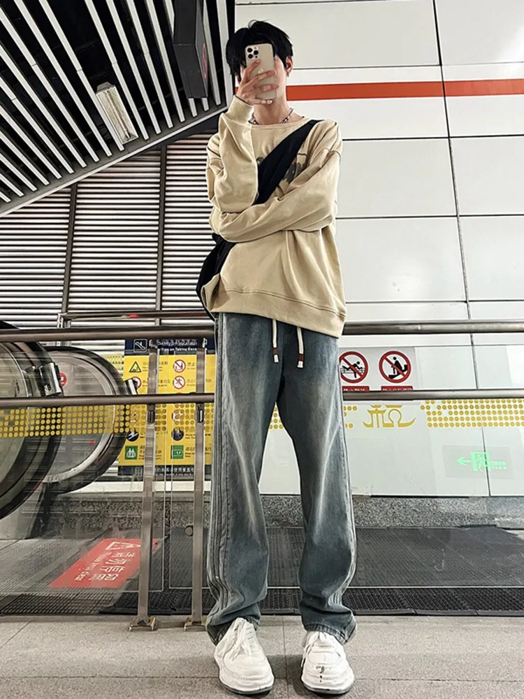 

Мужские джинсы в американском ретро-стиле, повседневные, прямого кроя, свободные, модные длинные брюки, крутые брюки в уличном стиле, рабочие брюки в стиле чоппер.