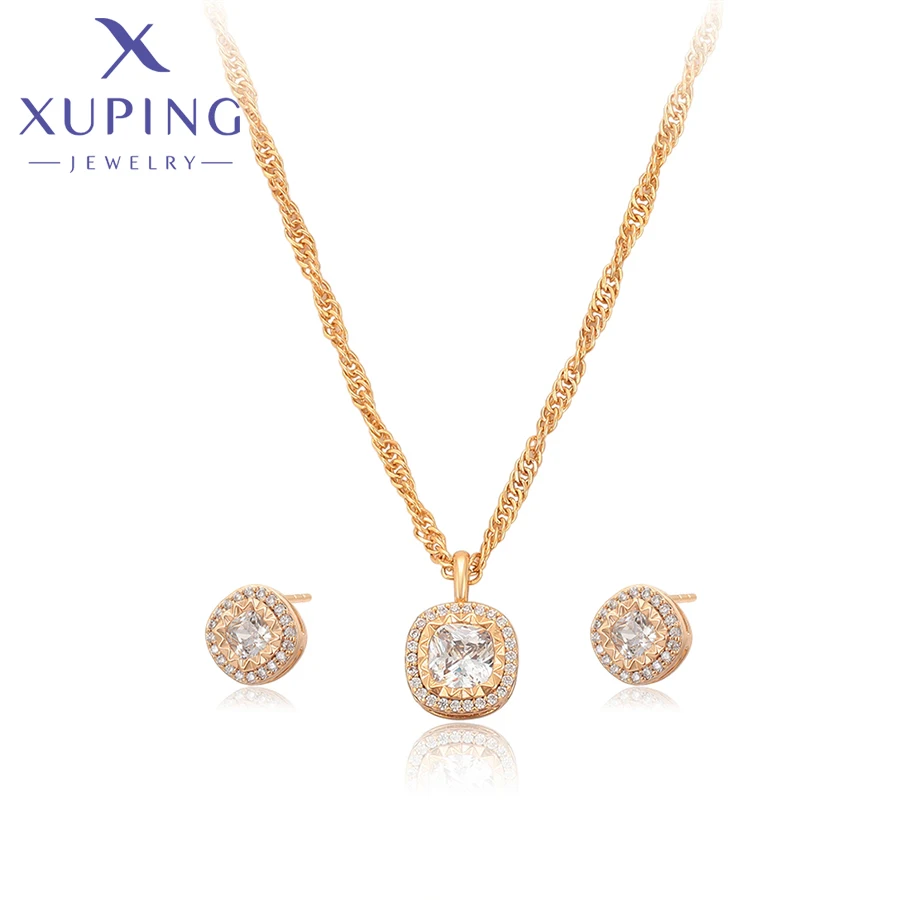 Xuping Jewelry Copper Alloy New Arrival Square Charm Stud Earrings Necklace Set for Women Party Birthday Gift X001071080