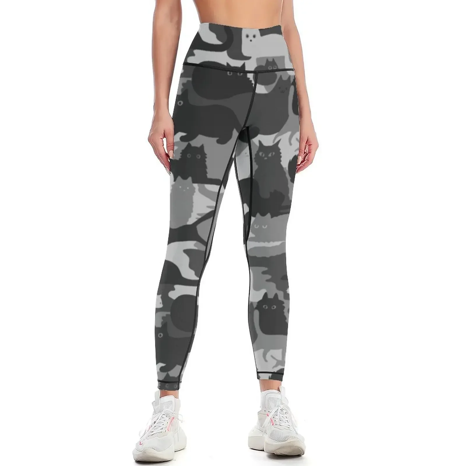 

Camouflage Pattern with Cats | Grey and Black Cats Camo Leggings fitness set gym sports shirts gym Women's gym Womens Leggings