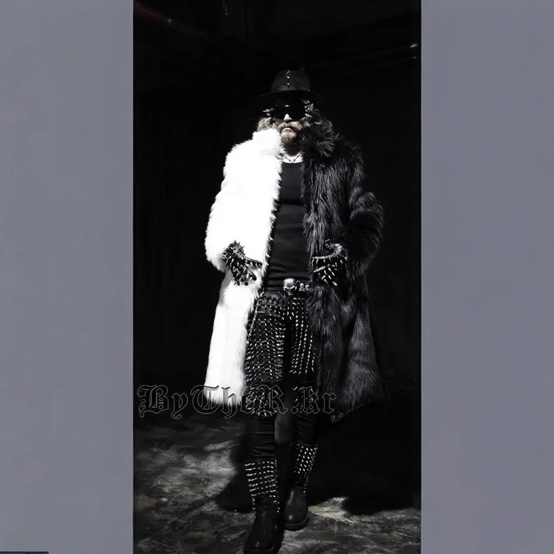 Women's Clothing Winter New Faux Fur Long Coats Trench Coats Men Trends Black and White Colour Blocking Fluffy Jacket Windproof