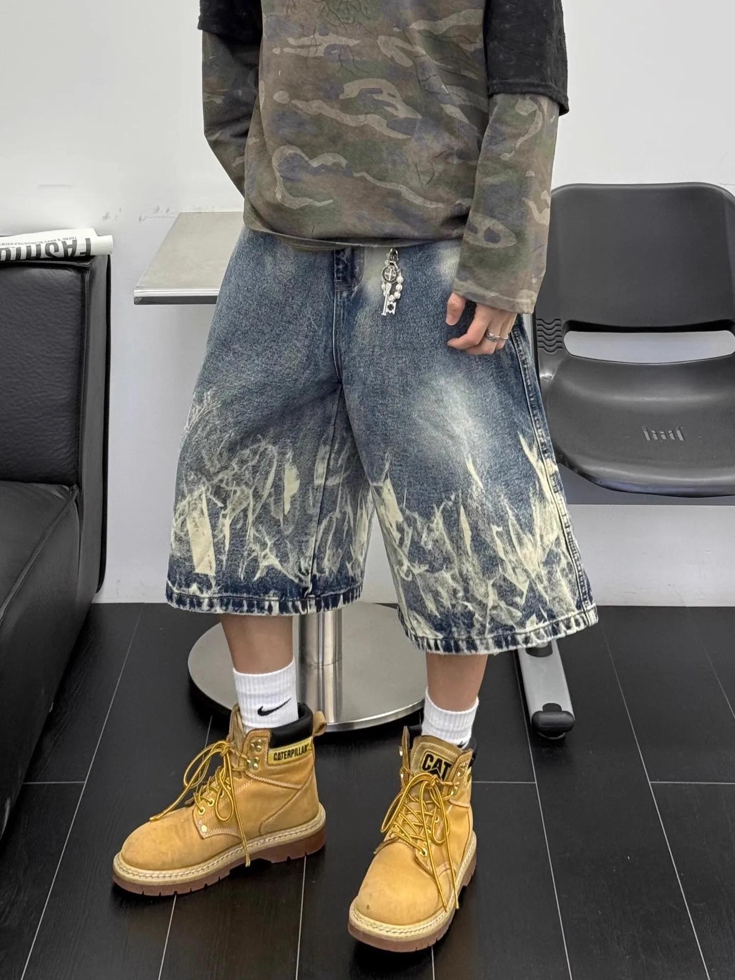 

Американские джинсы High Street Vibe, окрашенные в синий цвет, мужские свободные широкие брюки на семь футов, летние модные брюки