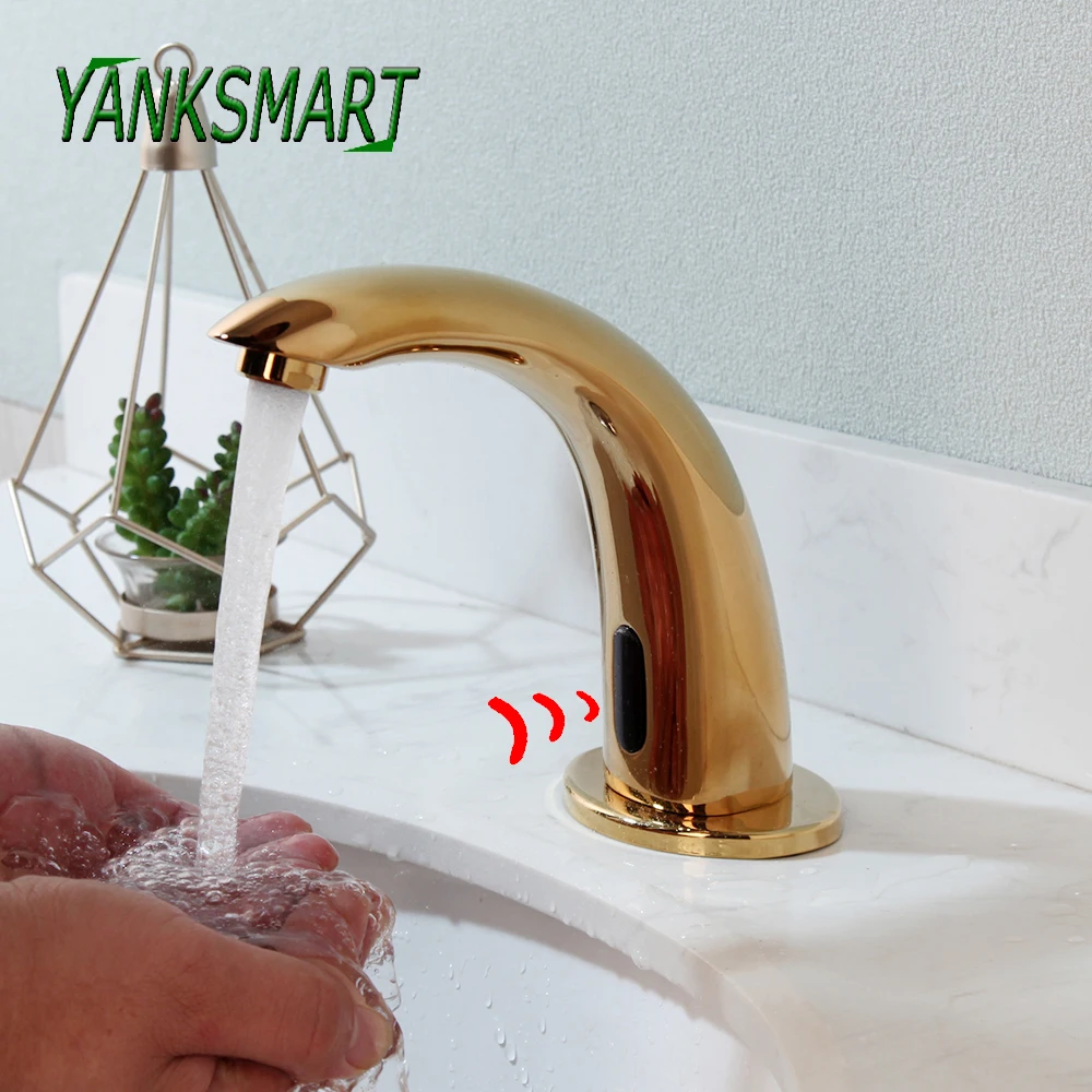 

YANKSMART Gold Bathroom Faucet Automatic Hand Touchless Sensor Basin Sink Single Hole Deck Mounted Faucet Brass Mixer Water Tap