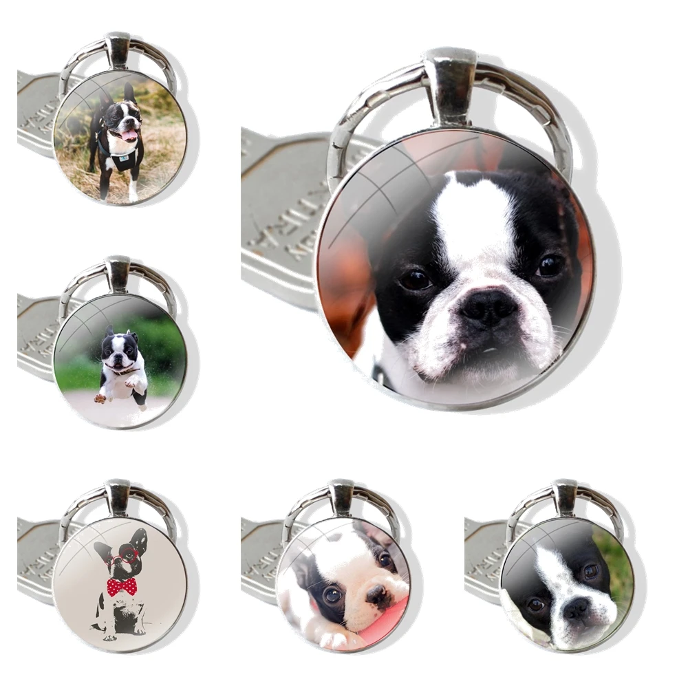 Keychain Handmade Glass Cabochon Key Ring Holder Pendant Key Chains Boston Terrier dog Cartoon Design Creative Fashion