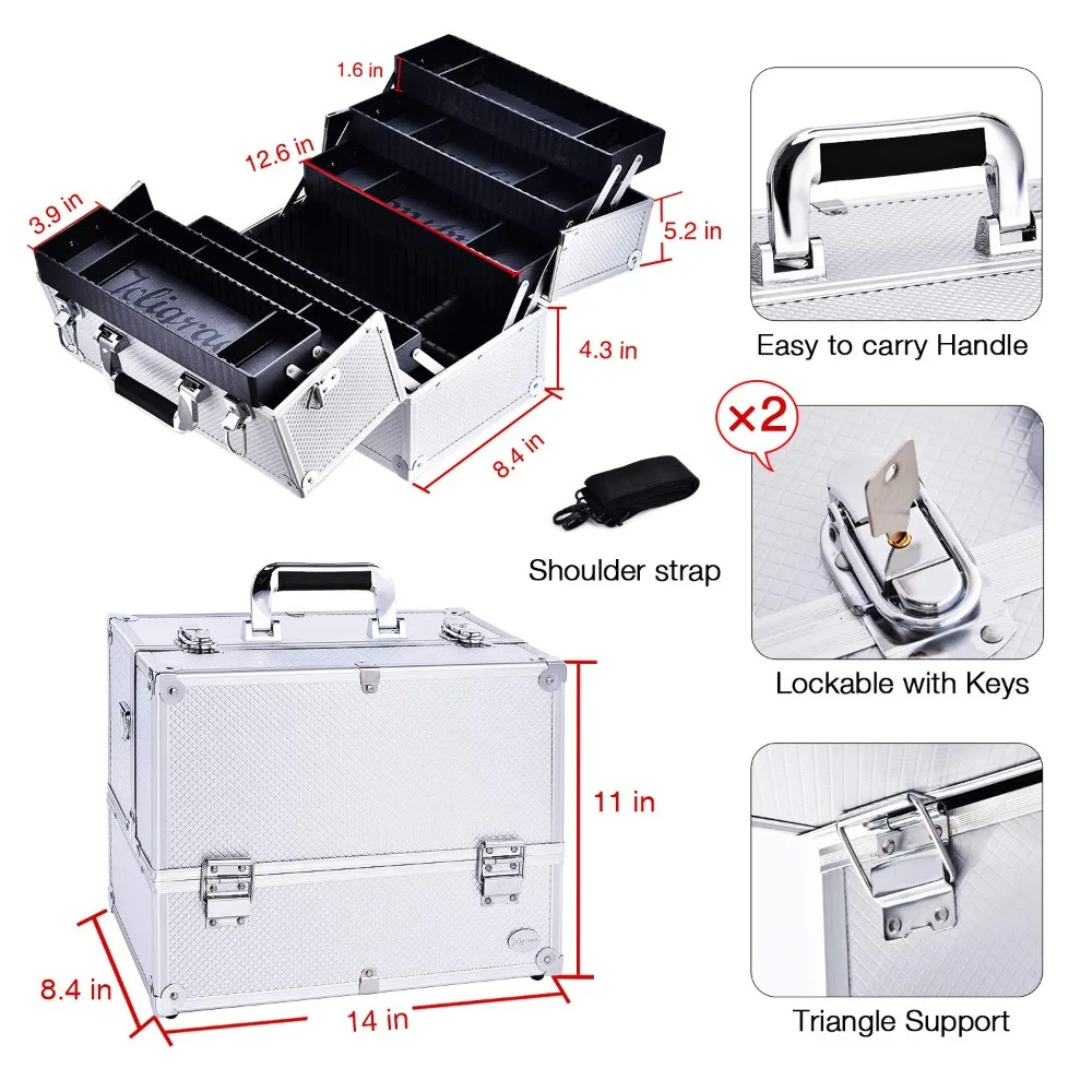Extra Large Makeup Train Case 6 Tray Lockable Cosmetic Organizer with Adjustable Dividers & Shoulder Strap - Silver view 6