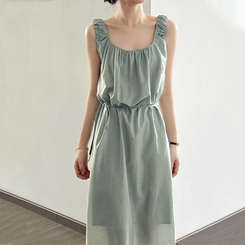 

2023 Summer New Women's Mid Length Sleeveless Dress Lace Up U Neck Open Back Long Tank Top Korean Style Sundress 80772