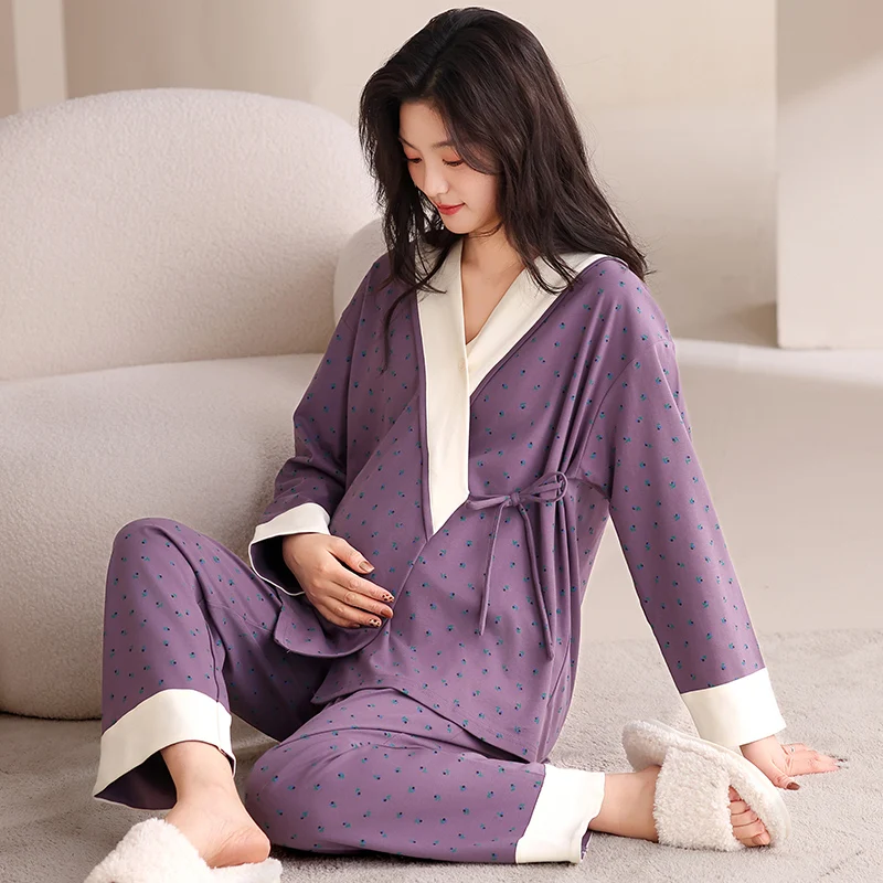 Autumn Postpartum Woman Breastfeeding Pajama Sets Long Sleeve Nursing Top Shirts+Pants 2PCS/SET Maternity Lactation Clothes Set