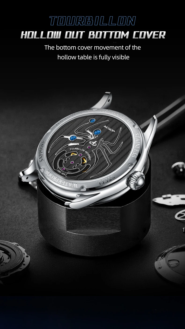 AESOP（manual 7025G）Tourbillon Mechanical Watch for Men, Starry Sky Blue Sandstone Dial Stainless Steel，Dial diameter 42.5MM
