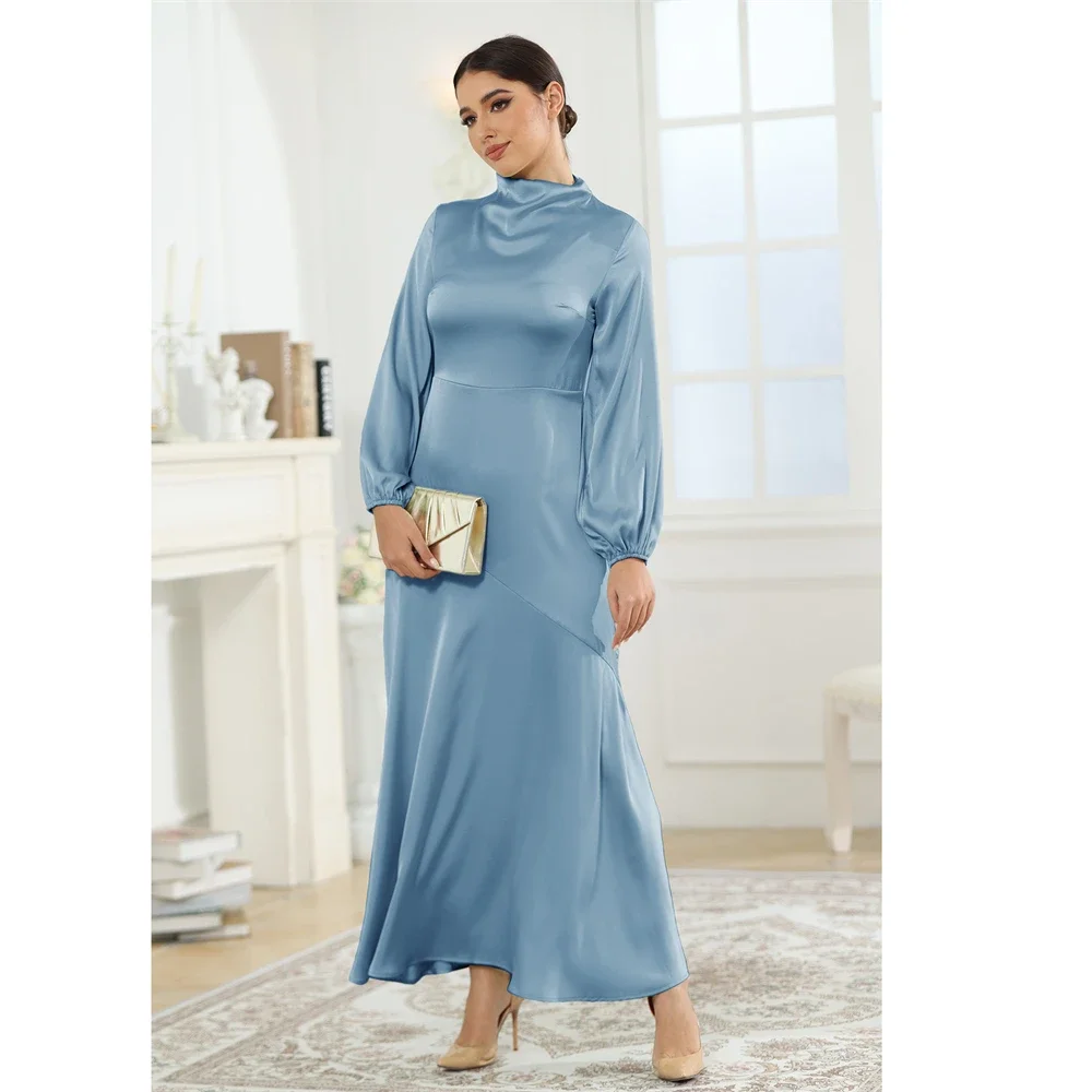 Eid Muslim Women 2025 Satin Solid Dress Abaya Party Long Sleeve Dresses Dubai Arab Turkey Ramadan Abayas Caftan Kaftan Elegant