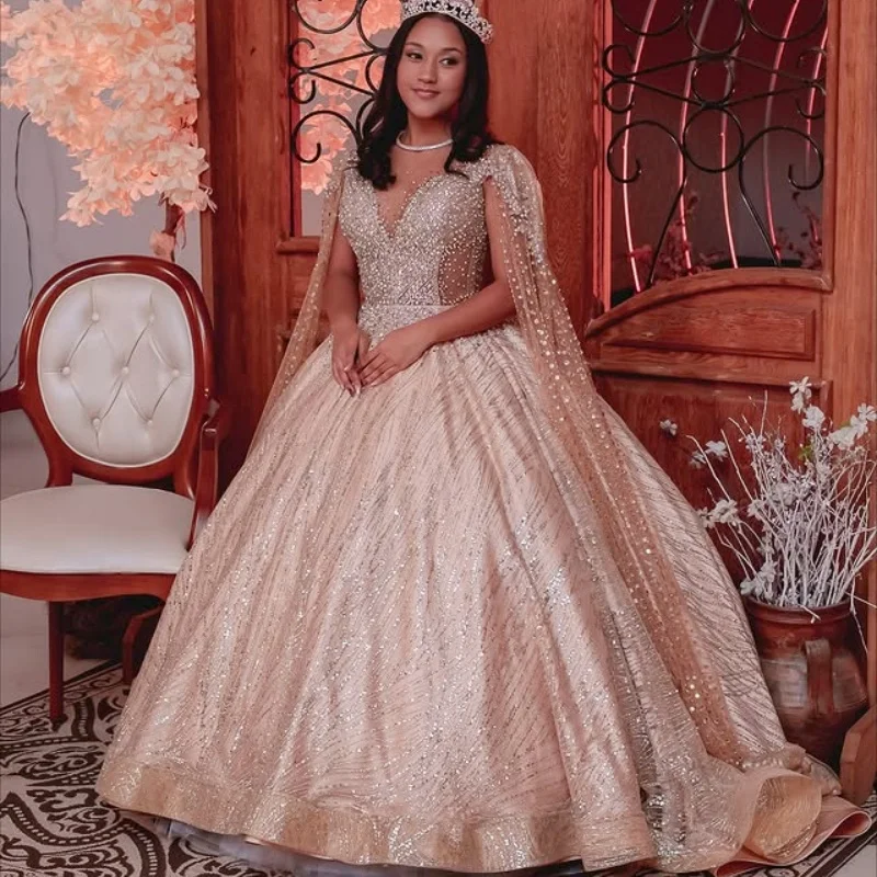 Błyszcząca Sukienka Quinceanera w kolorze szampańskim, z odkrytymi ramionami, kryształkami, brokatem i kwiatowymi aplikacjami, vestidos de 15 Quinceanera ﻿ Dostosuj