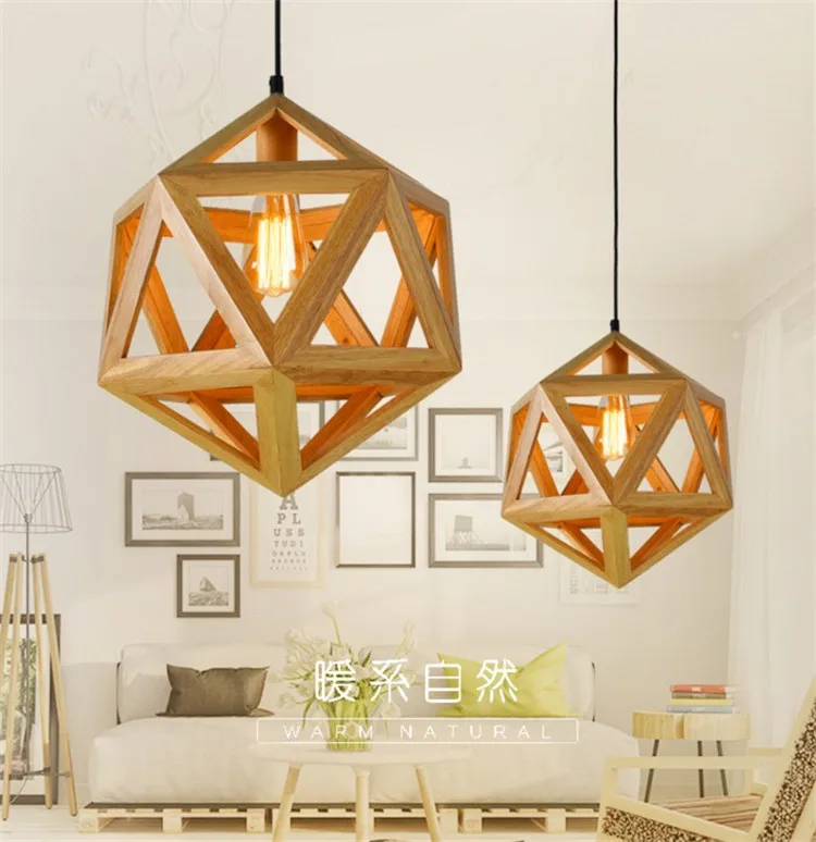 Modern Solid Oak Wood ging Lamp Wooden Diamond Shape WitLED E27 40/45cm Edison Bulb Pendant Light For Home Cafe Bar