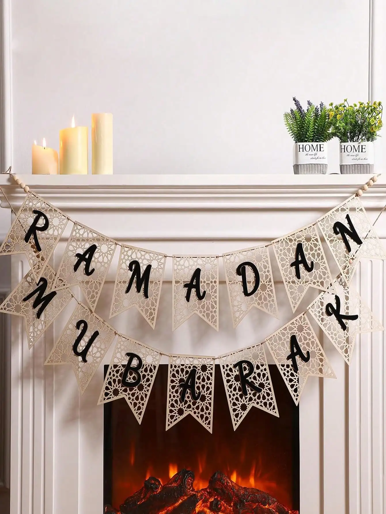 Muzakara banner, carefully selected wood, embellished with rural beads, showcasing the unique charm of Ramadan