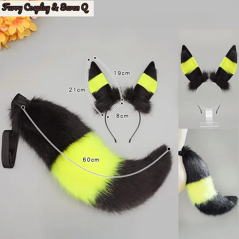 Game Anime Umbreon Cosplay Adult Unisex Ears Headband Furry Anthropomorphic Headdress Plush Tail Headwear Halloween Cute Props