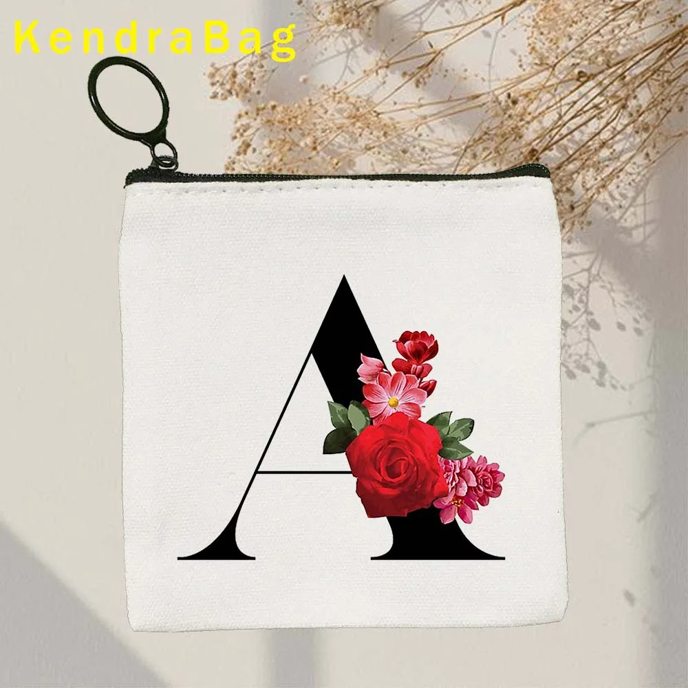 Floral Initial Letter Black A to Z English Alphabet Flower Print Key Coin Purse Canvas Bag Pouch Cotton Bags Wallet Zipper Gifts