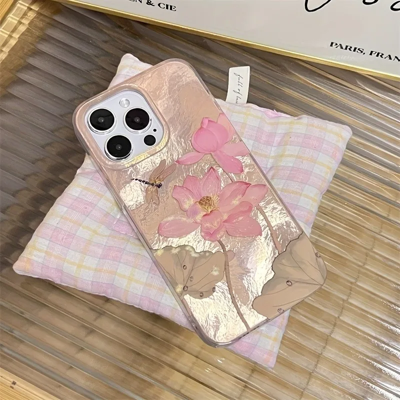 Lotus Dragonfly Phone Case For iPhone 16 15 14 13 12 11 Mini Pro Max X XR XSMax 7 8 Plus Glacier Pattern Shockproof Soft Cover