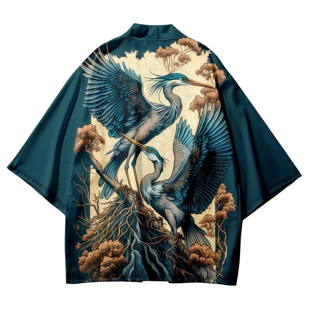 

Japanese Crane Pattern Casual Kimono Summer Beach Shirt Cardigan Haori 2024 Traditional Yukata Oversized Top for Men and Women