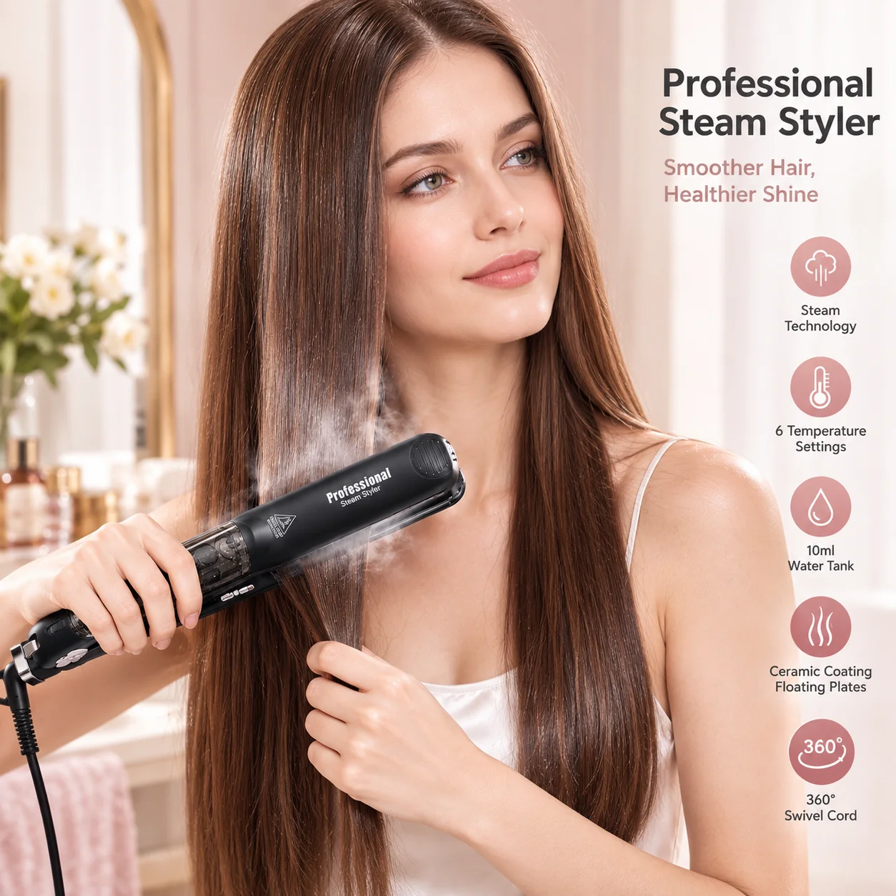 Professional Steam Hair Straightener Ceramic Floating Fast Heating Dual Voltage Flat Iron For Smooth Shiny Frizz-Free Shiny Hair