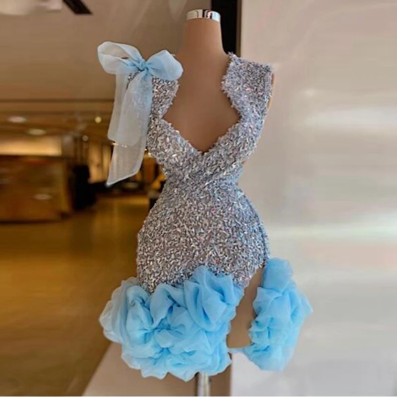 Glitter Sky Blue Tulle Mini Cocktail Dresses Pretty V Neck Tulle Flowers Short Prom Party Dress Should Bow Custom Cocktail Gowns