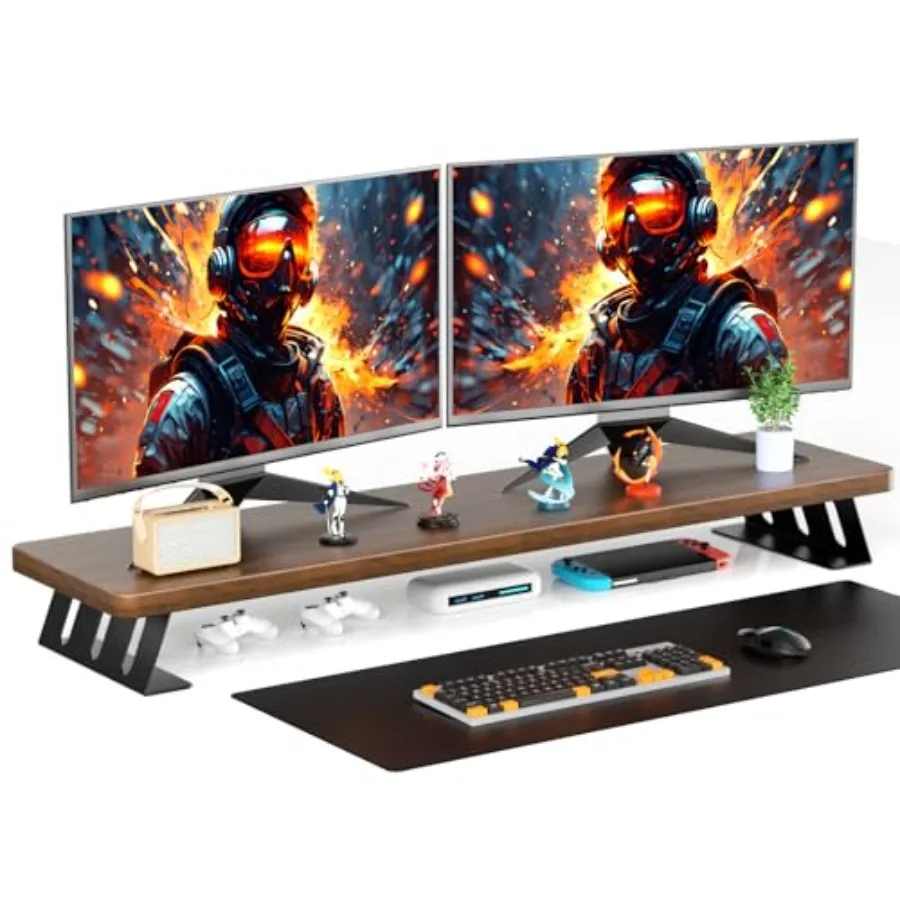 Dual Monitor Stand 39 Inch Large Wood Monitor Stands for 2 Monitors with Adjustable Height and Cable Management in Walnut Finis