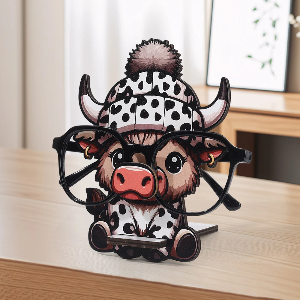 3D Cute Animal Glasses Frame Creative Cartoon Cow Glasses Frame Sunglasses Display Stand Hand Carved Home Wooden Decoration