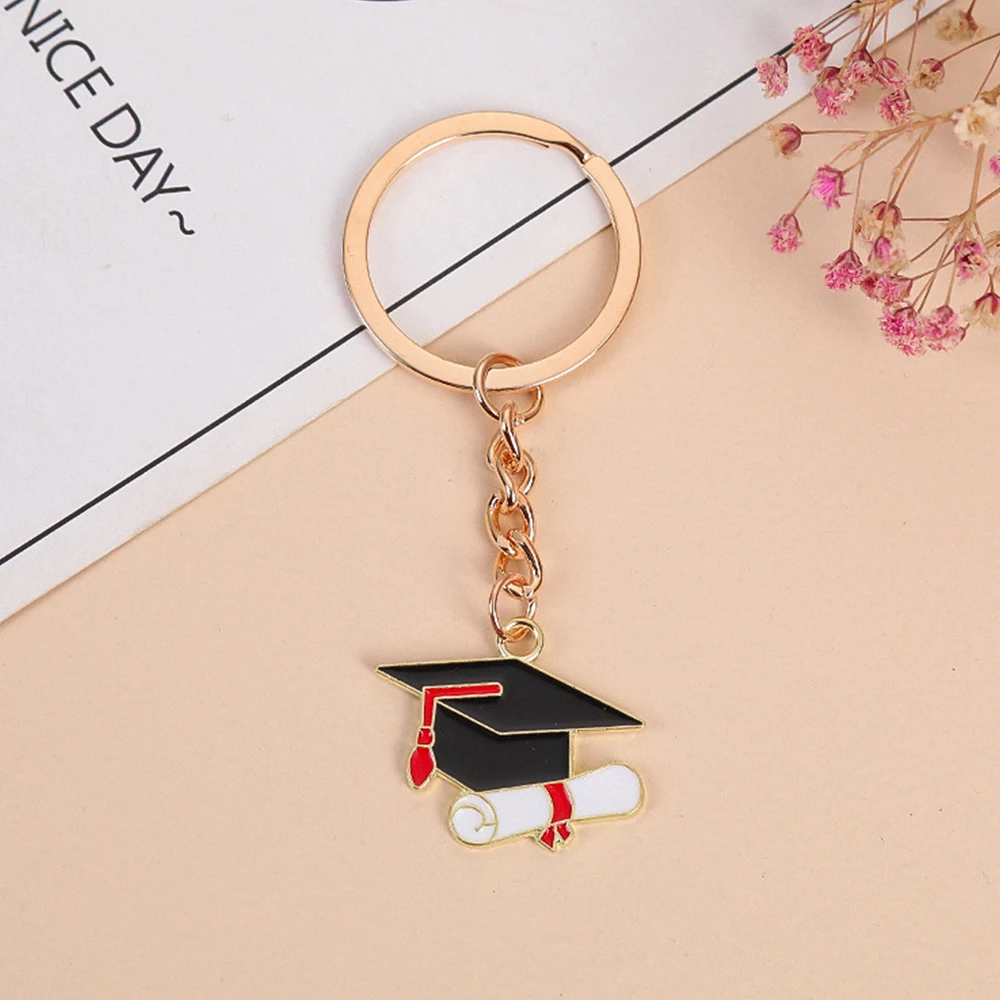 Exquisite A+,Bachelor Cap Shape Charms Keychain Metal Drip Oil Inspirational Text Blessing Keyring Student Gift Accessories