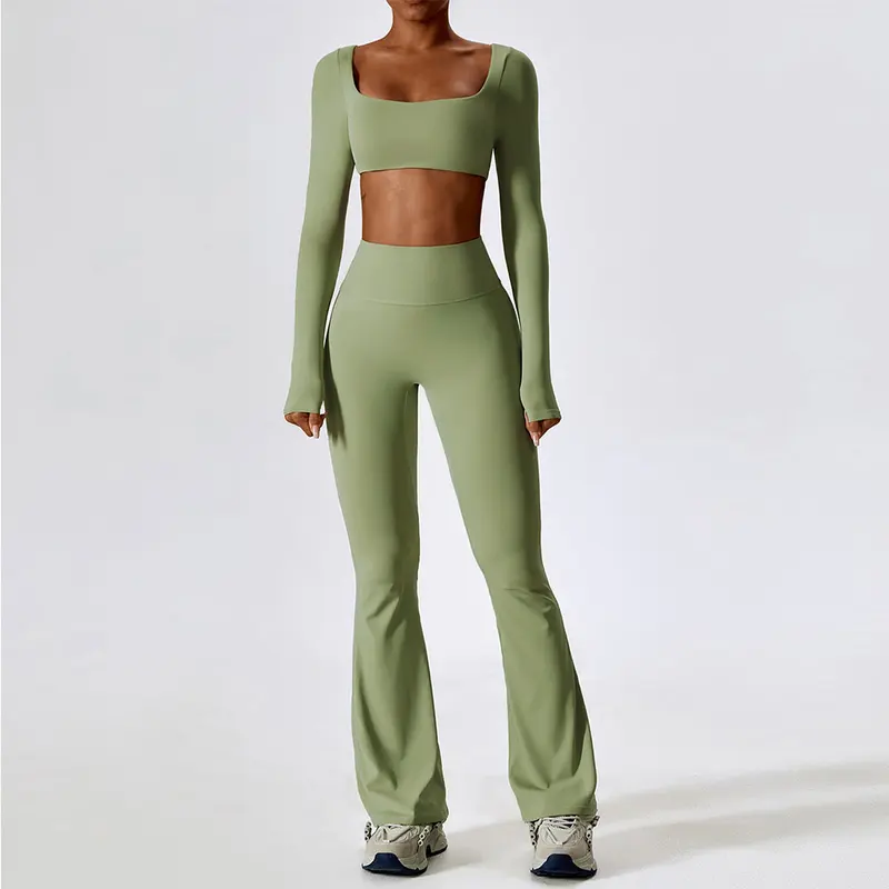 Conjunto de Yoga Feminino sem Costura com Top de Manga Longa e Legging