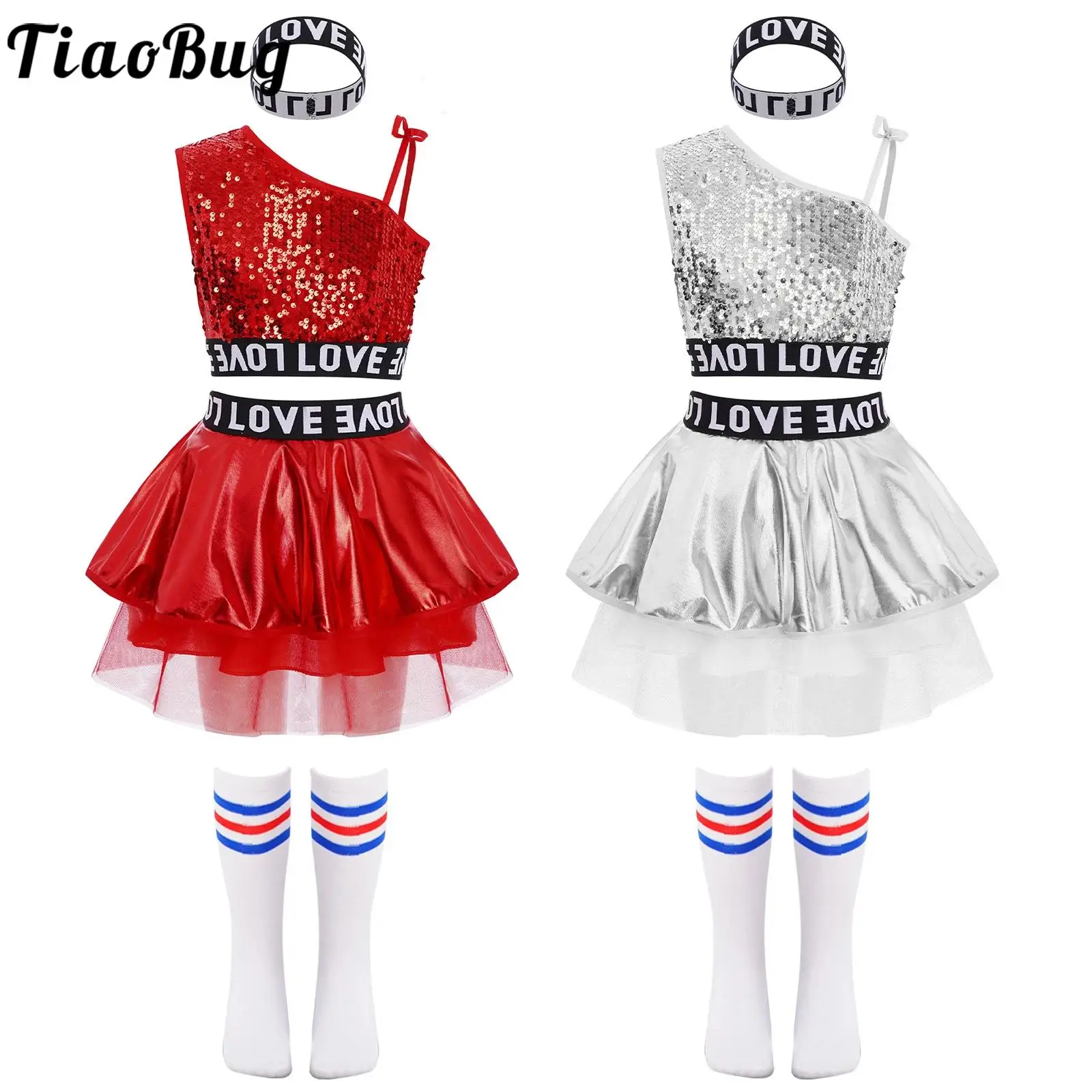 Girls Hip-Hop Jazz Street Dance Costume Sleeveless Sequins Vest with Metallic Skirt Socks School Party Cheerleading Dancewear