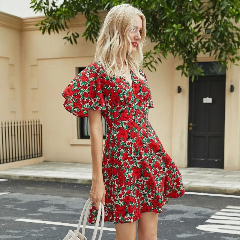 Summer Rose Printed Butterfly Sleeve Dress Women V-Neck Floral Short Sleeve Dress 2023 Indie Folk Casual Streetwear All-Match