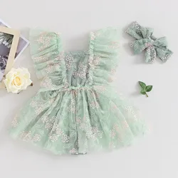 Newborn Baby Girls Princess Dress Summer Clothes Flying Sleeve Floral Embroidery Tulle Dresses with Headband Baby Clothing