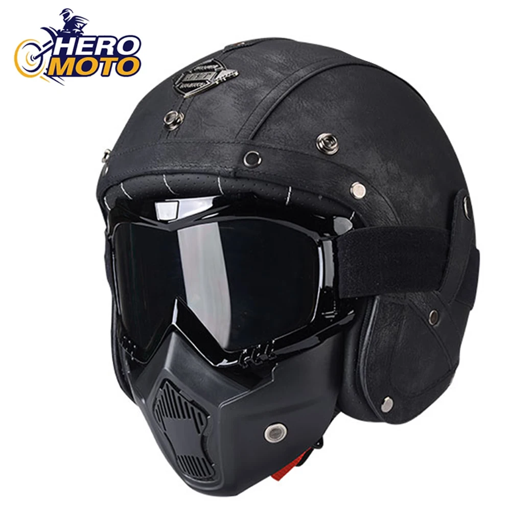 

DOT Certified Motorcycle Helmet Casco Motocross Helmet Vintage Retro Moto Helmets PU Leather Motorbike Helmet Breathable Summer