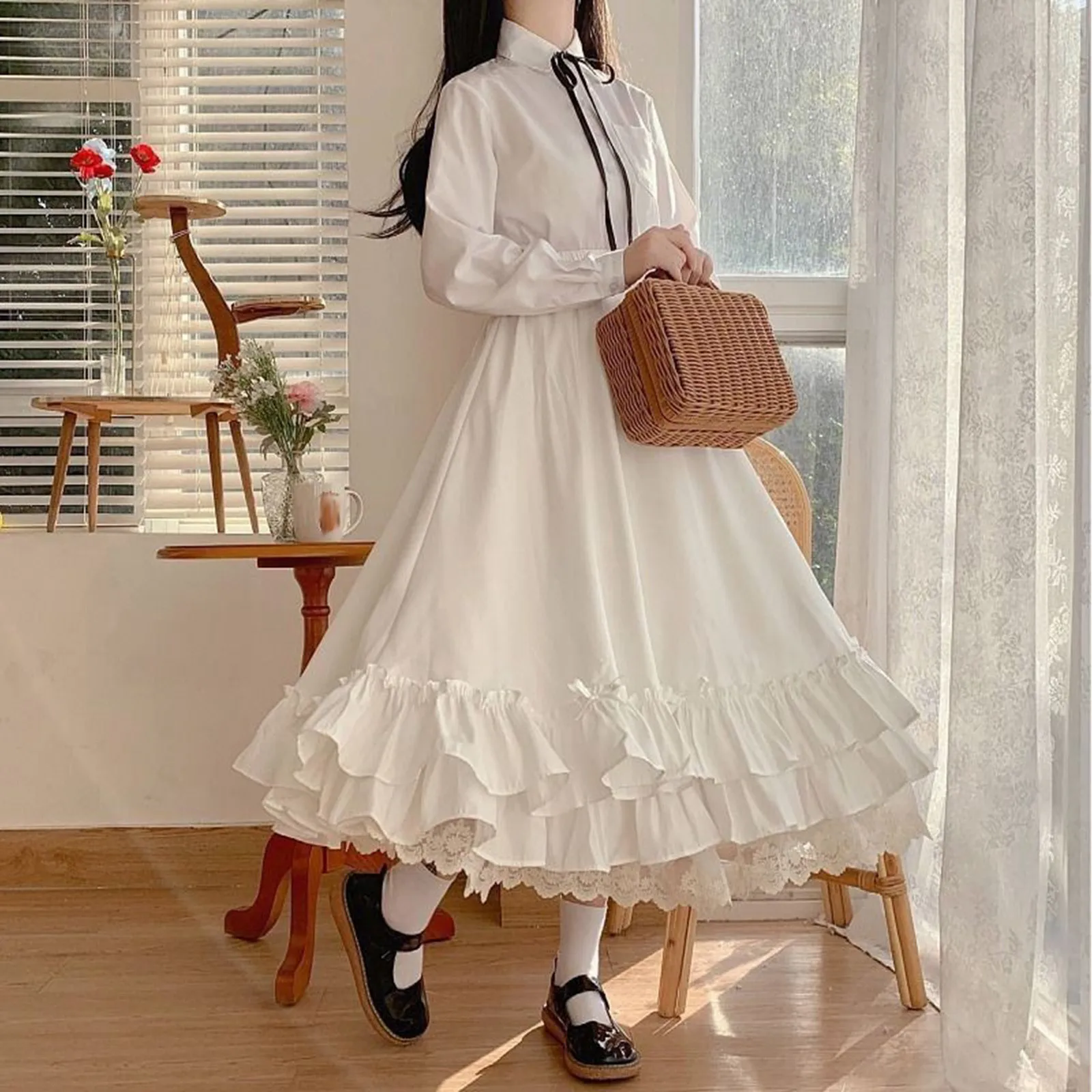 

Japanese Sweet Lolita Ruffled Cute Long Skirts Womens A Line Floral Lace Long Maxi Skirts Harajuku Fashion High Waist Skirts