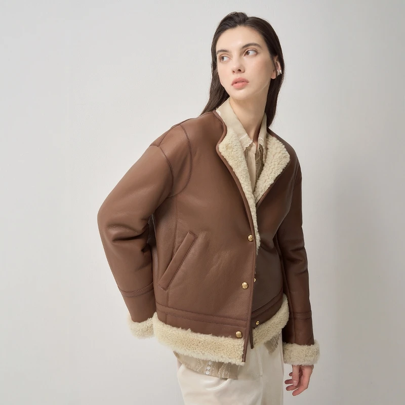 Winter vrouwen Lam Bont Jaet PU Leer eapenvacht Jas Collarl Een Stuk Nep Bont Bovenkleding ort Top 2024