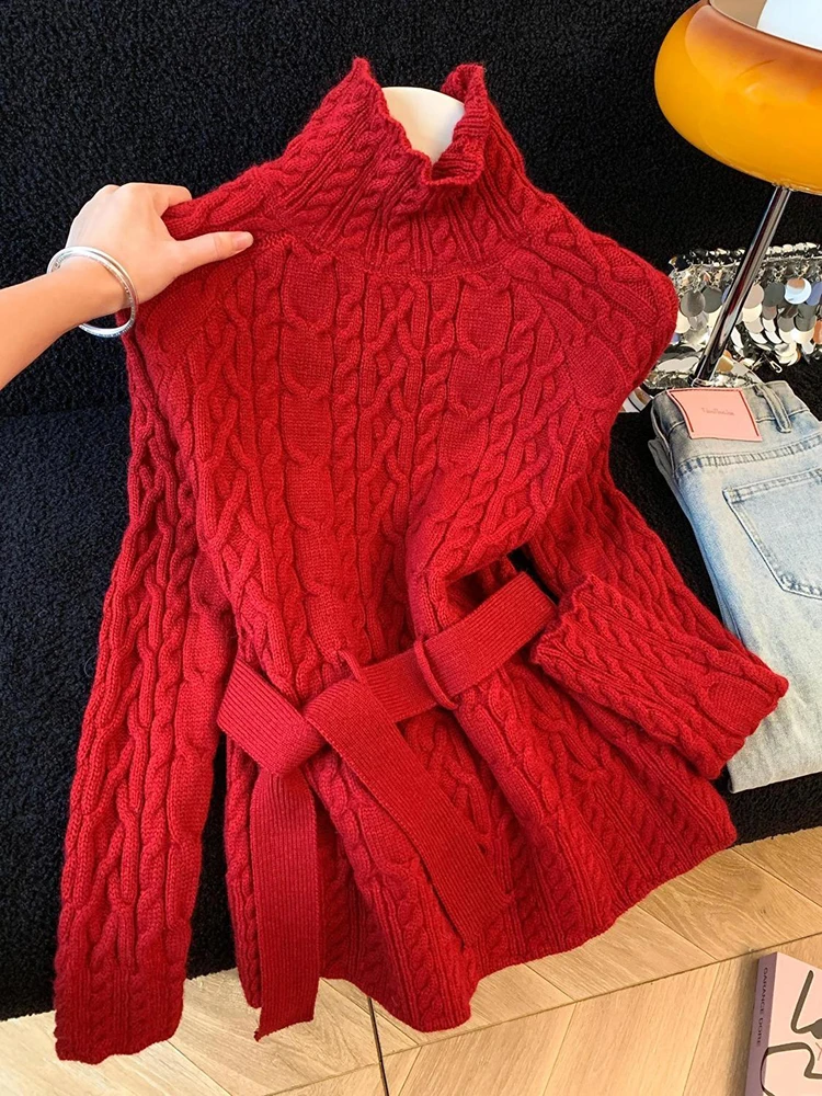 with Belt Knit Turtleneck Sweater for Women Spring Korean Solid Simple Long Sleeve Knitted Jumper Female All Match Pullover New