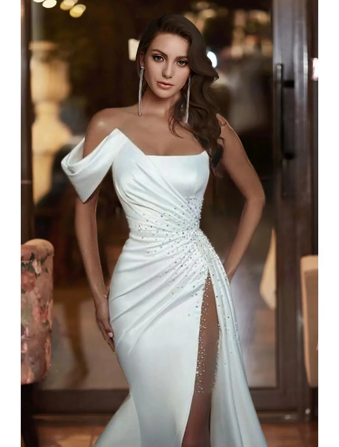 Msikoods Elegant Beads Wedding Dresses White One Shoulder Sleeveless Mermaid Bridal Dresses Satin Side Split Bride Gowns