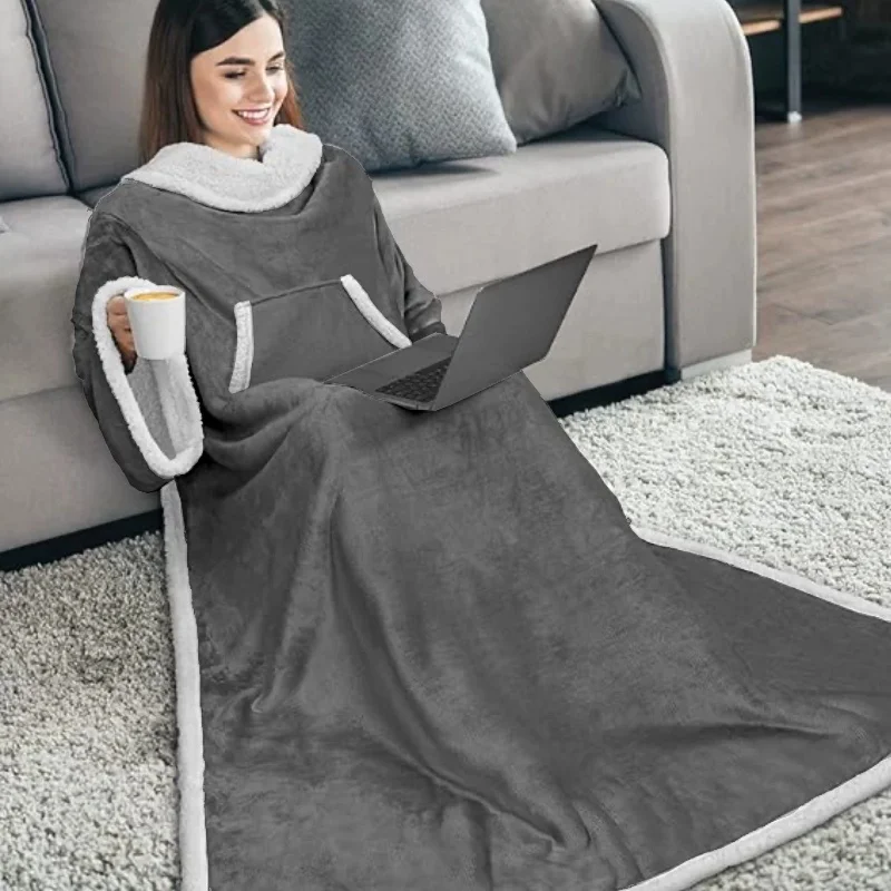 Wearable Flannel Blanket with Sleeves and Front Pocket Soft Keep Warm Grey Lazy Couch Blankets Portable Machine Washing Unisex