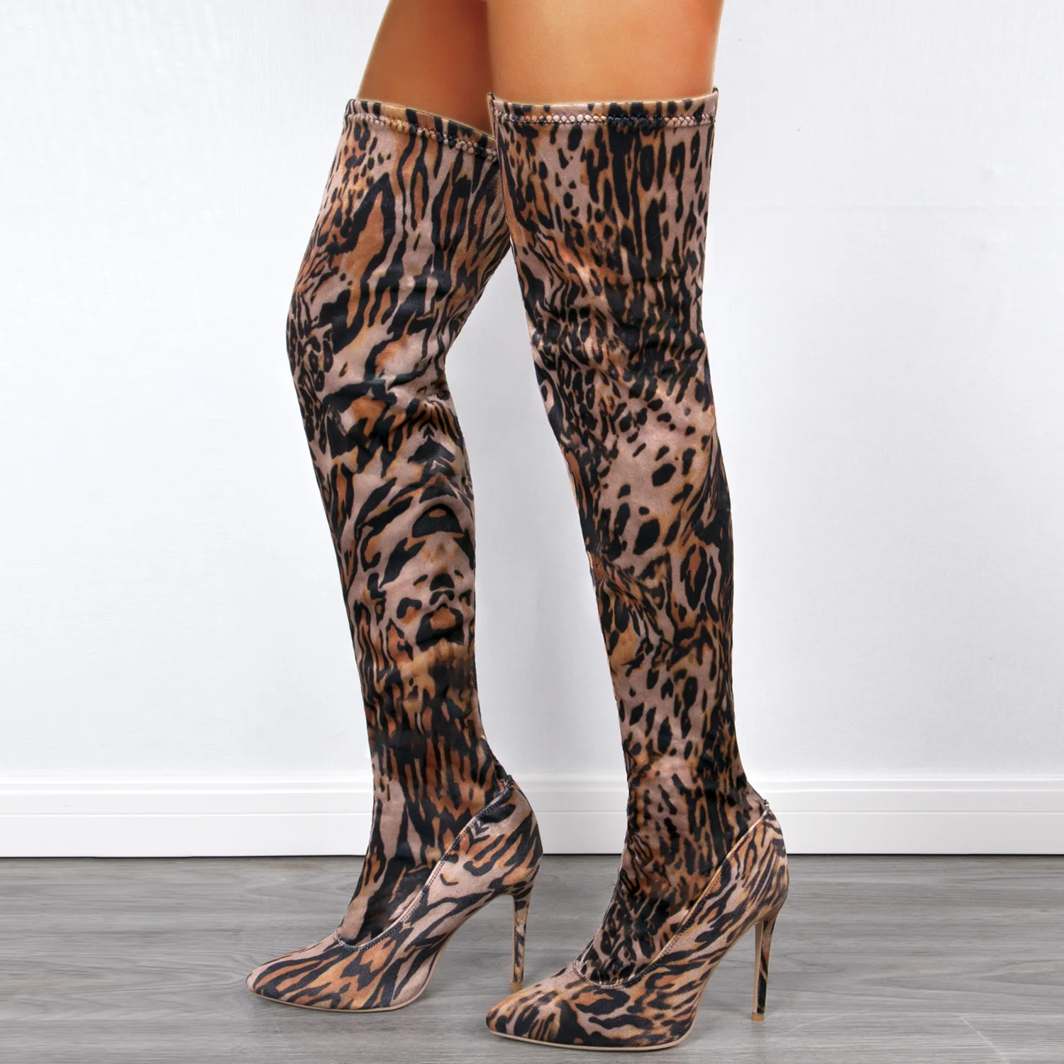 Sexy Leopard Print Elasticity Women Over The Knee Pointed Toe High Heels Lady Winter Thigh High Boots Cloth Shoe