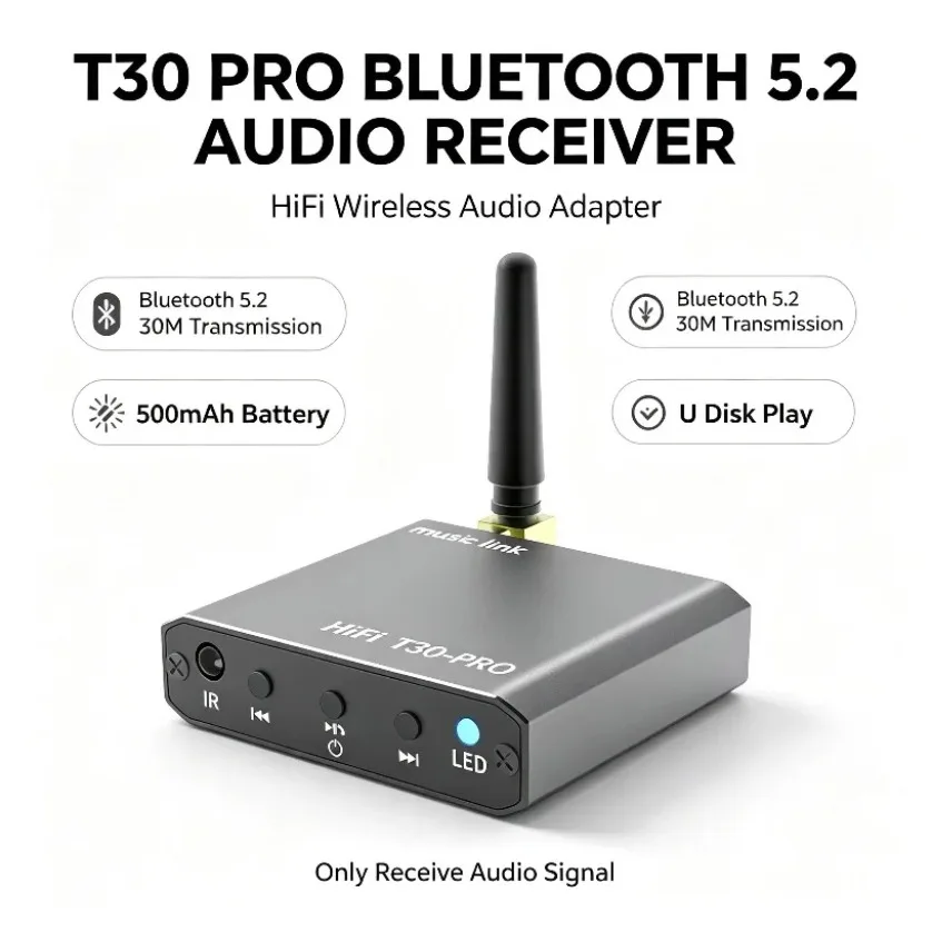 AUX Bluetooth Adapter 5.2 Audio Receiver 3.5mm Wireless HiFi U Disk Play IR Remote 30M for Car Home Amplifier