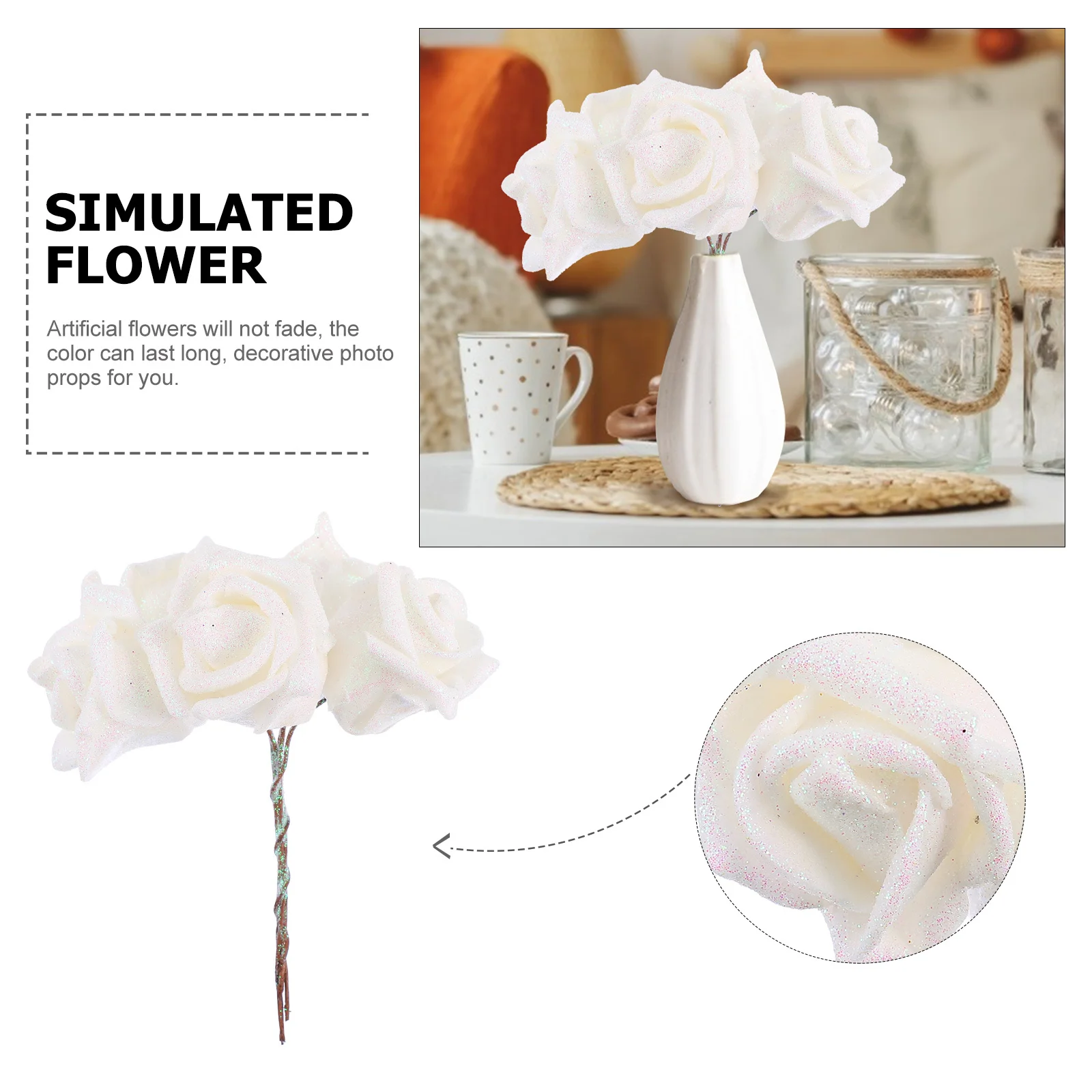 

50Pcs Crystal Rose Simulated Flower Delicate Home Wedding Decor Artificial Flower Props Lasting Color Photo Bouquet