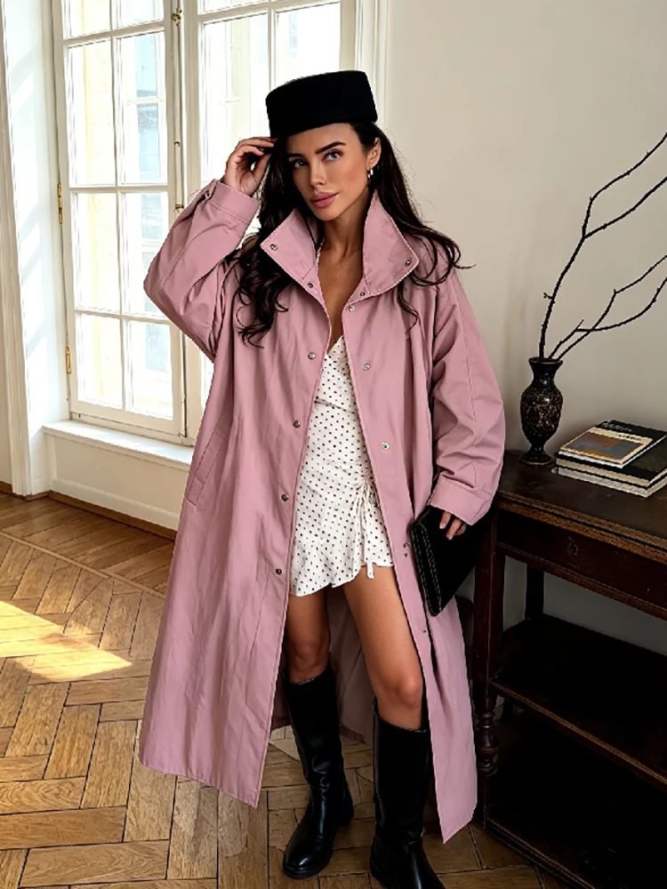 Damen Trenchcoat in Dusty Rose mit Stehkragen, Übergroße Maxi-Jacke mit Druckknopfleiste, Fallende Schultern, Leichter Loser Windbreaker – Detail 6
