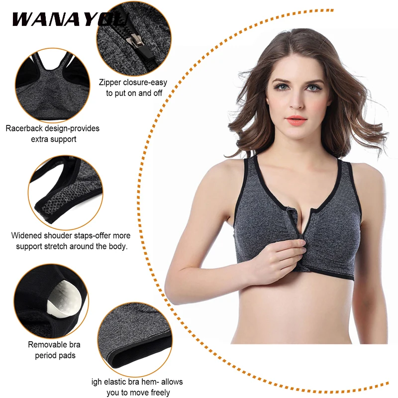 WANAYOU Front Zipper Underwear Push Up Sport Bras Women Padded Wirefree Shockproof Gym Fitness Bras Yoga Vest Sport Workout Tops