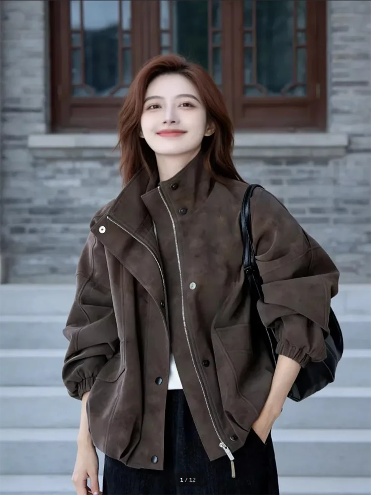 Women Faux Suede Jacket Stand Collar Zip Up Snap Button Loose Oversized Elastic Cuff Short Casual Bomber Coat Outerwear