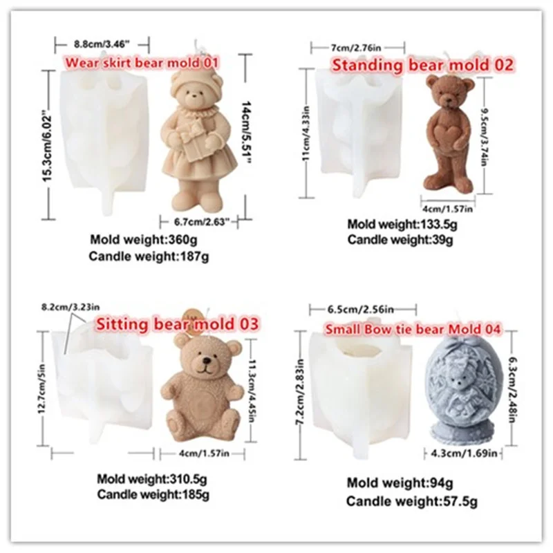 3D Cute Bear Silicone Candle Mold DIY   Cartoon Animal Bear Candle Silicone Mold  Resin Soap Cake Gifts Craft Home Decoration