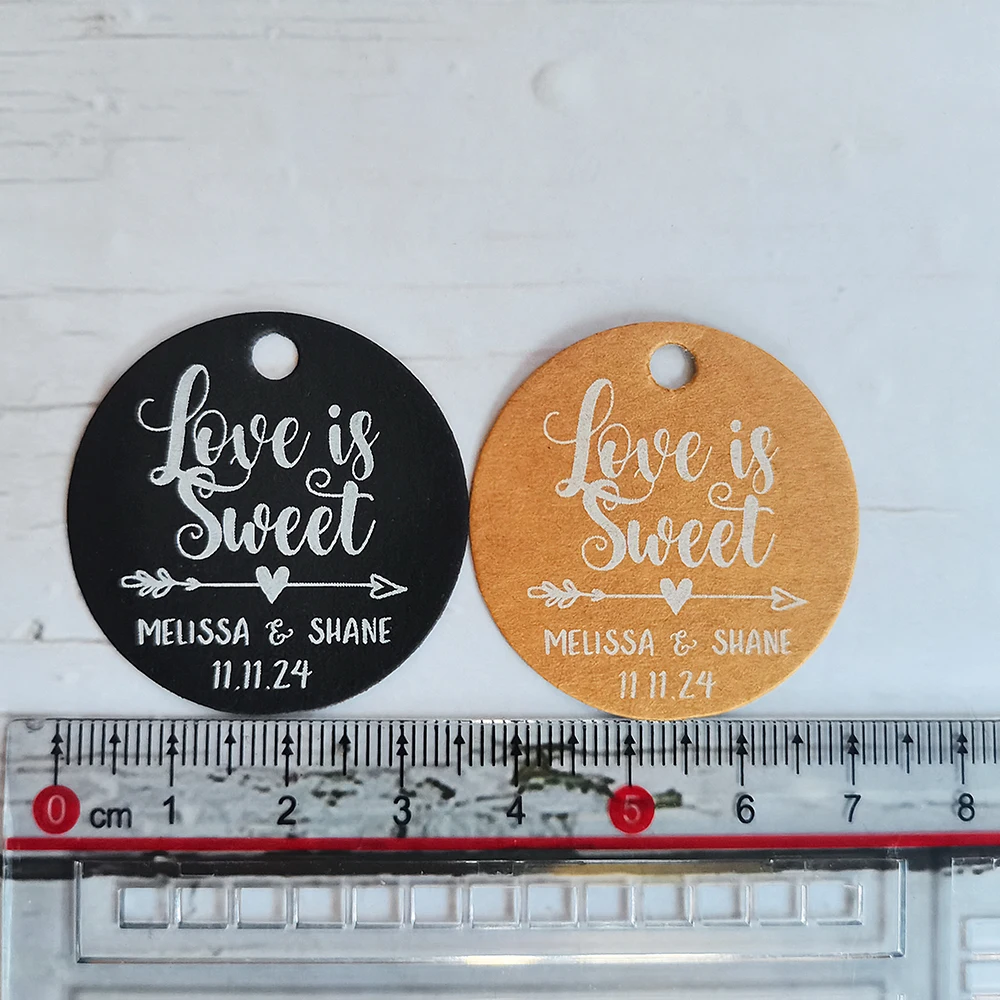 BY19-35mm Diameter White Text Print Tags Black Label Kraft Paper Labels Love Is Sweet Custom Wedding Favor and Gift Tags