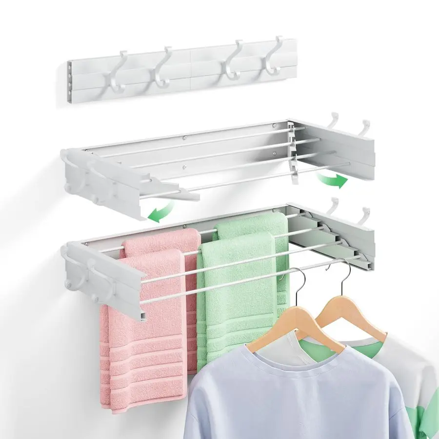 

Mounted Clothes Drying Rack for Laundry 23.6, Folding Clothes Drying Rack with 4 Towel Hooks and 4 Rods for Hanging Coat Dedicat