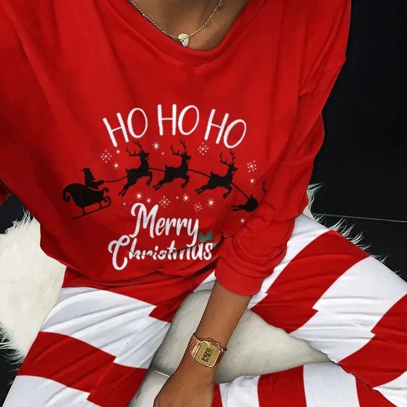 Christmas Costume Letters Printed Long Sleeve Shirt Stripe Long Pants Sleepwear Pajamas Women Home Pajamas Suit Two Piece Set